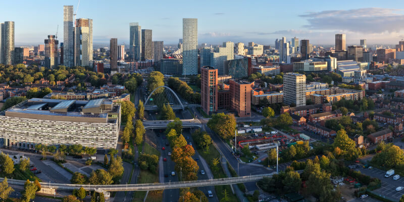 Aerial view of UK city showing roads and buildings