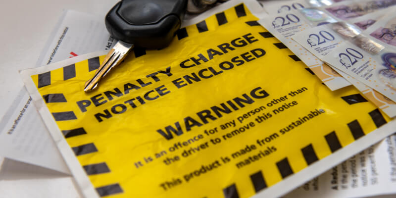 Penalty charge notice envelope alongside car keys and 20 pound notes